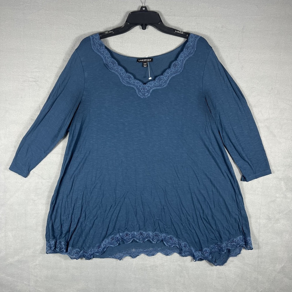 Lane Bryant Women's Blue Lace Trim V-Neck Tunic Top 3/4 Sleeve Plus Size 14/16